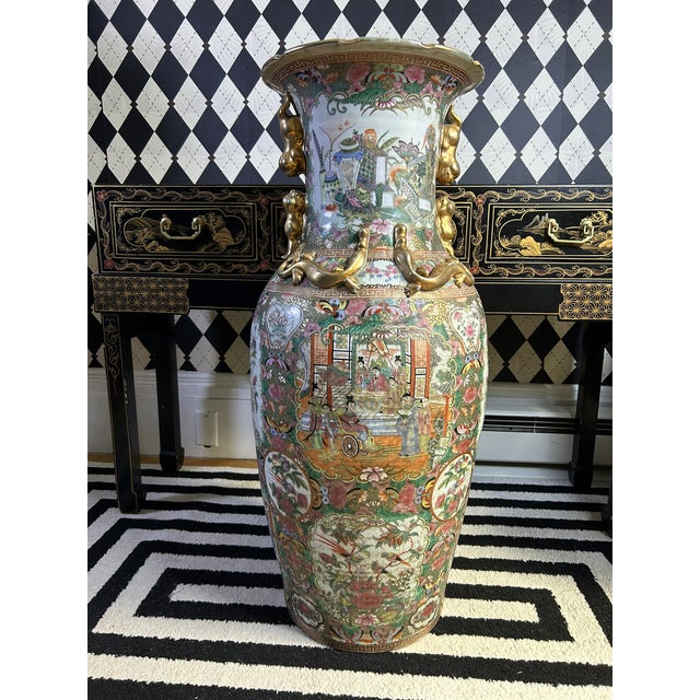 Chinese Famille Rose Floor Vases With Figural Panels and Gilt Dragon Handles, 38" For Sale - Image 13 of 18