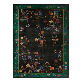 1920s Black Floral Modernist Antique Chinese Art Deco Rug 10' X 13' 6" Knotted Wool Carpet For Sale