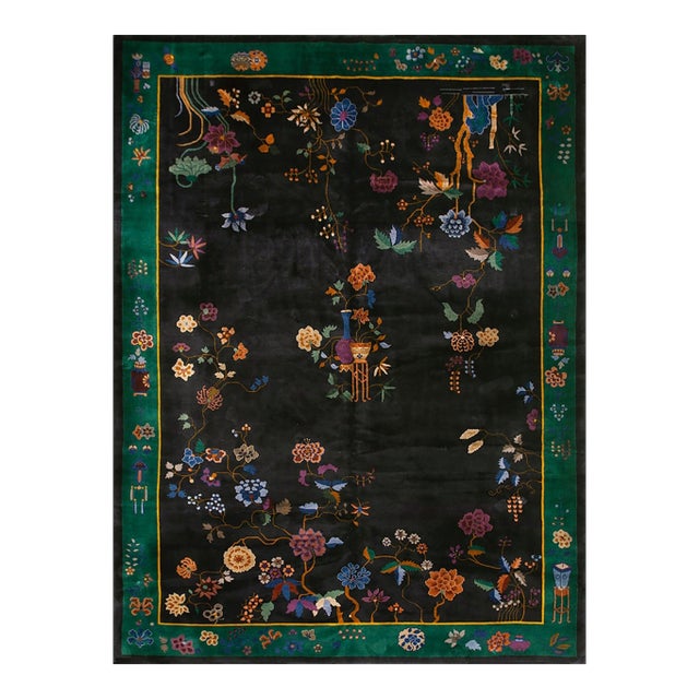 A Colorful Floral Design in a Blackground Color Antique Chinese Art Deco Rug For Sale