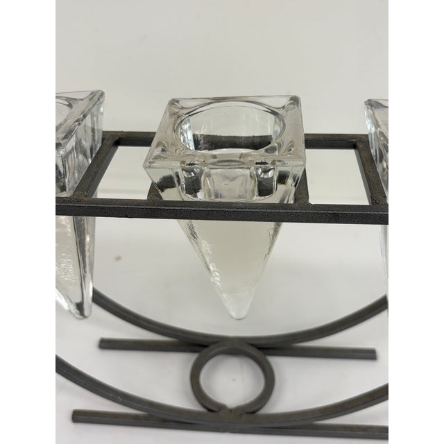 Brutalist Vintage 1980s Brutalist Iron & Crystal Triple Votive Candle Holder Candelabra For Sale - Image 3 of 12