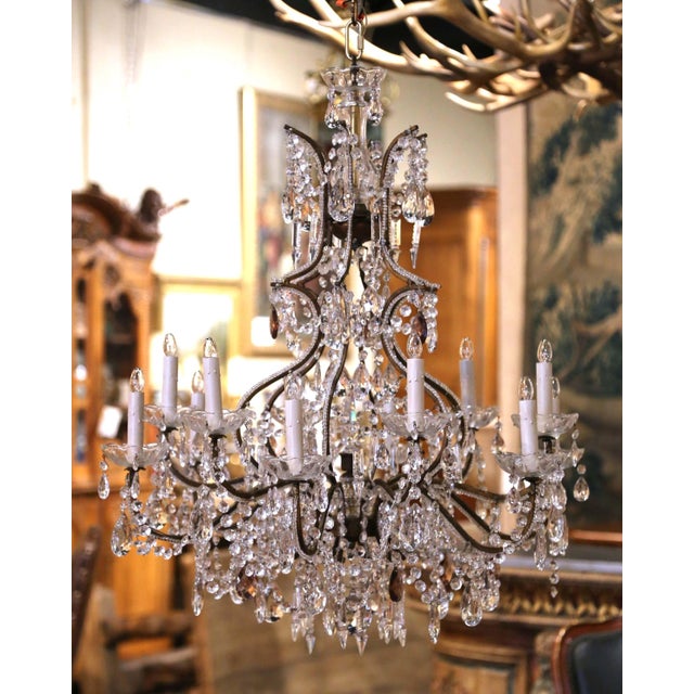Glass 19th Century Italian Crystal and Patinated Iron 12-Light Chandelier For Sale - Image 7 of 10