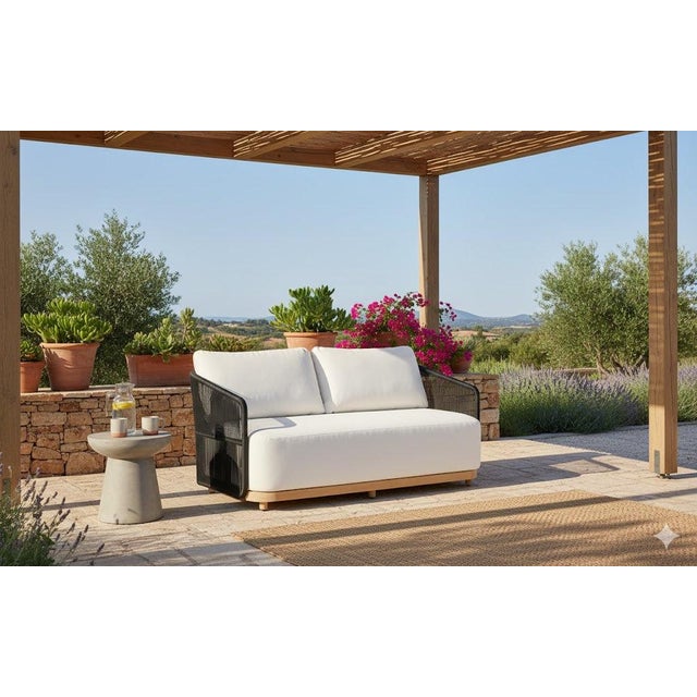 Alpine Teak Wood Outdoor Loveseat With Black Rope Design For Sale - Image 9 of 11