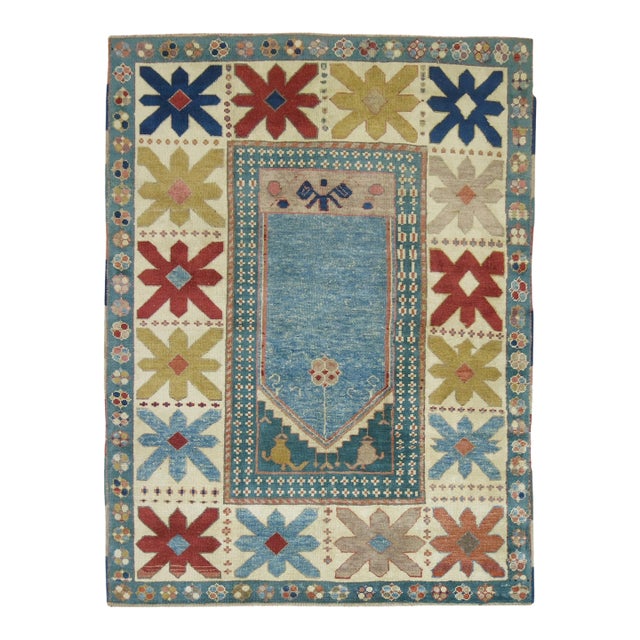 Vintage Blue Turkish Prayer Rug - 4'9" x 6'1" For Sale