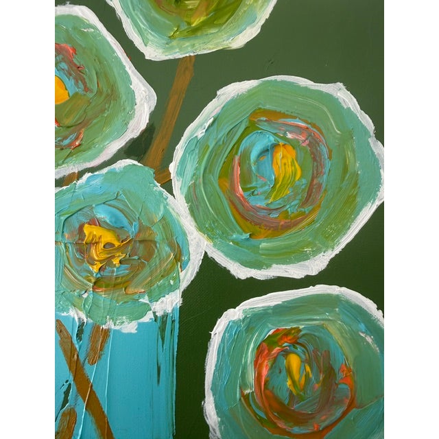 Paint Modern Abstract Floral Acrylic Painting – Teal Flowers on Green Canvas For Sale - Image 7 of 8