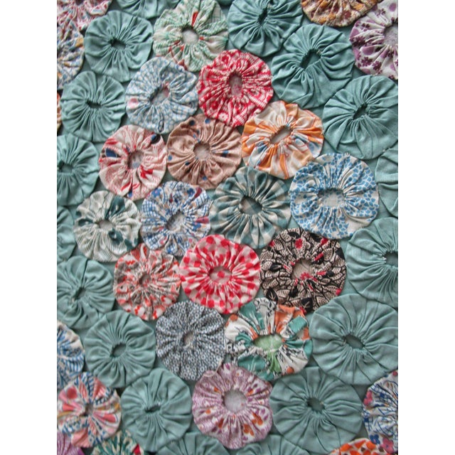 Green Jadeite Feedsack Yo Yo Quilt Trellis Pattern Floral Diamond Edges Queen Handmade 1930's For Sale - Image 8 of 17