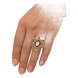 Bochic "Capri" Vintage Ruby, Fire Opal & Blue Topaz Ring Set 18K Gold & Silver For Sale