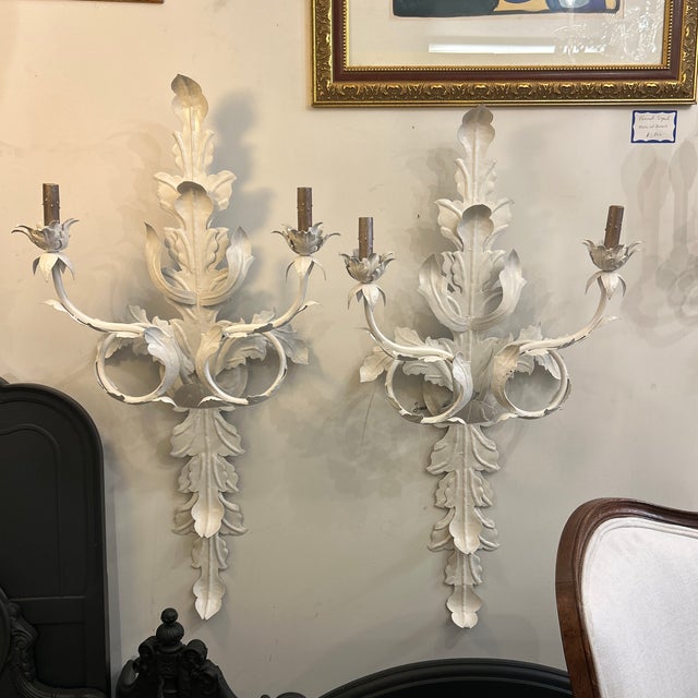 Metal French Mediterranean Hollywood Regency Leaf Design Metal Wall Sconces a Pair Electrified For Sale - Image 7 of 12