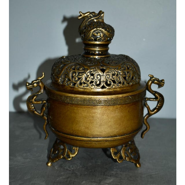 Metal Antique Signed Bronze Two Piece Incense Burner W/Dragon Motif For Sale - Image 7 of 13