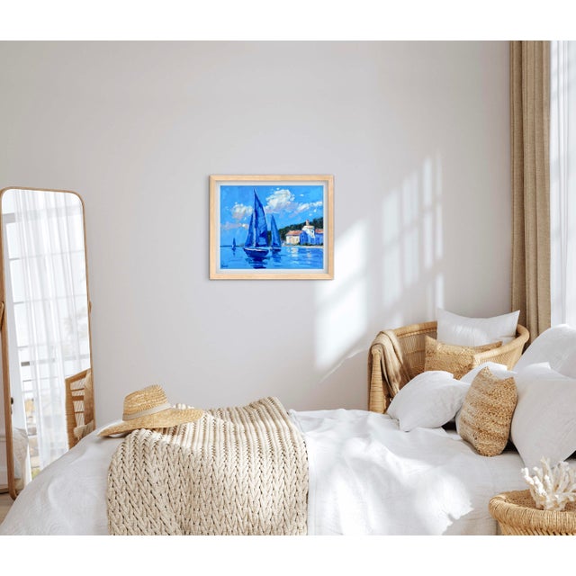 Sky Blue Blue Harbor Morning, Modern Impressionist Oil Painting Seascape For Sale - Image 8 of 8