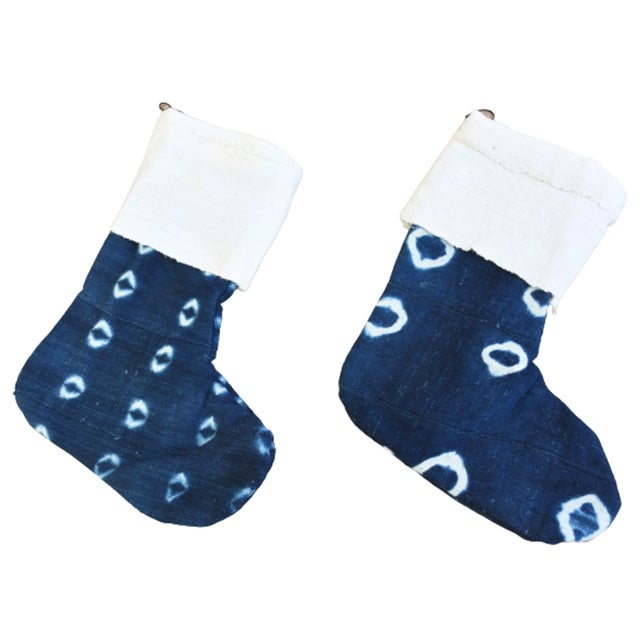Blue & White One-Of-A-Kind African Textile Christmas Stockings, S/2 For Sale - Image 4 of 9