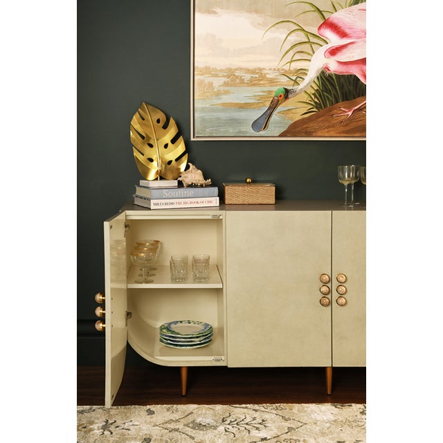 Antique White Matthew Izzo Home Deluca Faux Parchment Four Door Buffet With Brass and Stone Hardware For Sale - Image 8 of 9
