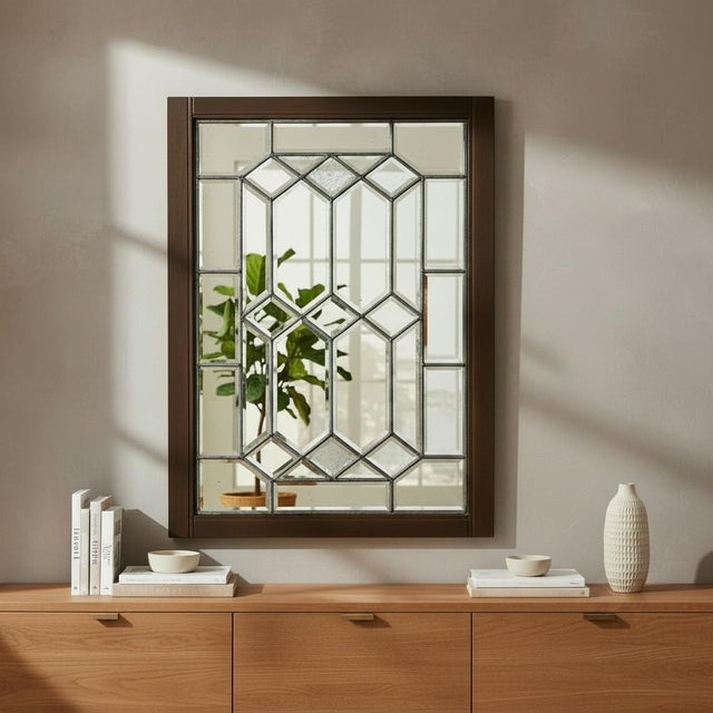 Wood Framed Beveled Tudor Diamond Shaped Paned Wall Mirrors - A Pair For Sale - Image 4 of 10