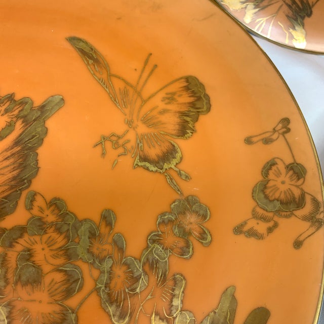 Mid 20th Century Chinoiserie Dorothy C. Thorpe "Persimmon" Orange & Gold Butterfly Plates - Set of 10 For Sale In Chicago - Image 6 of 7