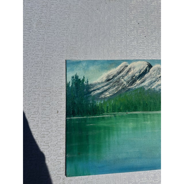 Mid-Century Modern 1990s Mountain and Lakeside Landscape Painting on Canvas For Sale - Image 3 of 7