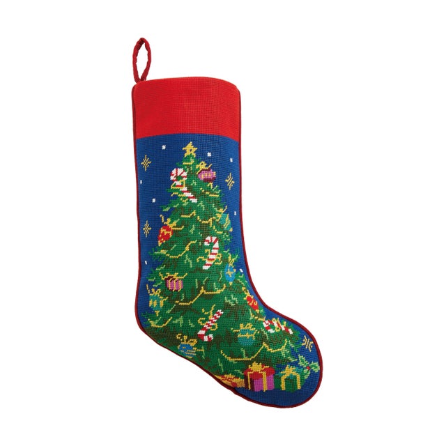 Traditional Christmas Tree Embroidered Needlepoint Stocking For Sale - Image 3 of 3