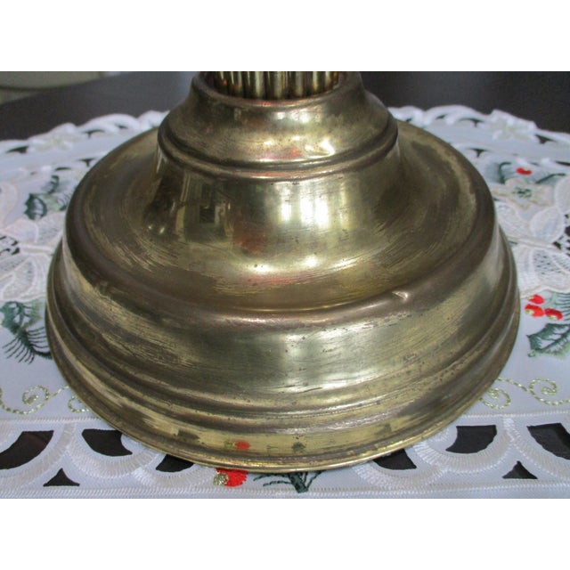 Beautiful Antique Brass Column Tall Oil Lamp Cranberry Glass Shade & Font Double Burner 29" Tall For Sale In South Bend - Image 6 of 13