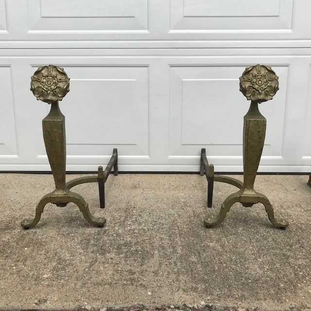 Antique Iron Flower Andirons by Howes - a Pair For Sale - Image 9 of 10
