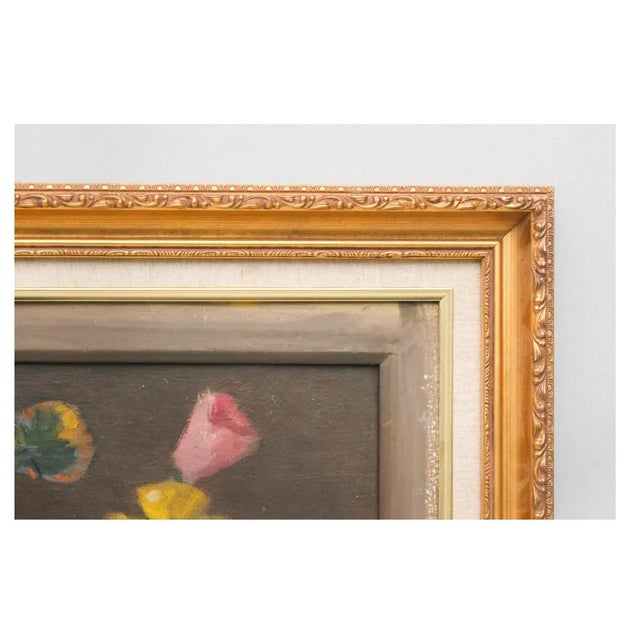 Contemporary Mid Century 20th C American Oil on Canvas Board Painting Signed Flowers in a Vase Still Life Floral Gilt Wood Frame For Sale - Image 3 of 12