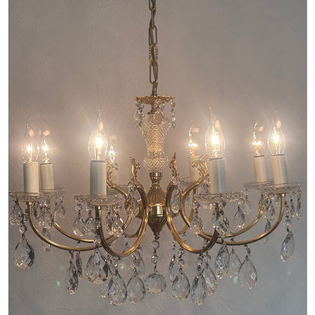 Brass and Lead Crystal 8-Light Chandelier, 1960s For Sale - Image 10 of 15
