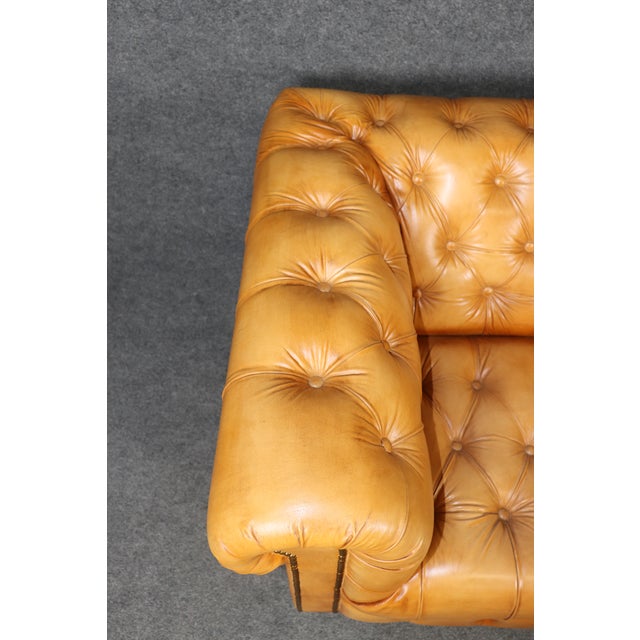 Fine Quality Custom Tufted Caramel Hued Chesterfield Sofa Settee 71 Inches Long For Sale - Image 15 of 15