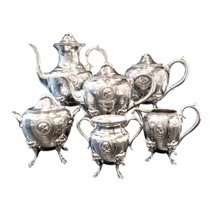 1800s Antique Silverplate Tea Set Medallion Portrait Coffee Service- 6 Pieces