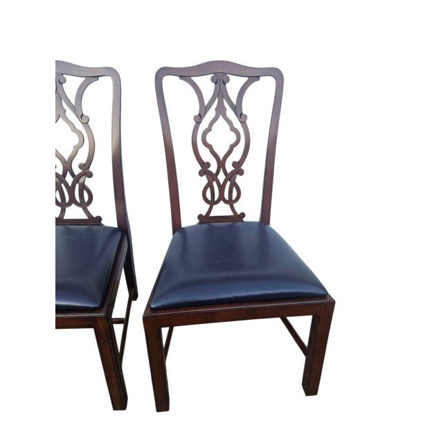 Brown 2 Chippendale Dining Room Side Chairs 18th Century Mahogany Navy Leather Carved For Sale - Image 8 of 10