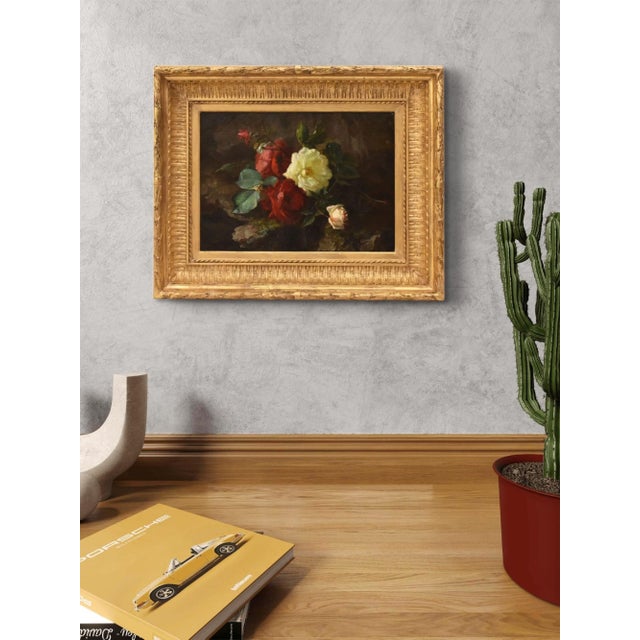 The antique paintings, floral still life, Jeté de roses category presents an 19th-century oil painting on canvas. French...