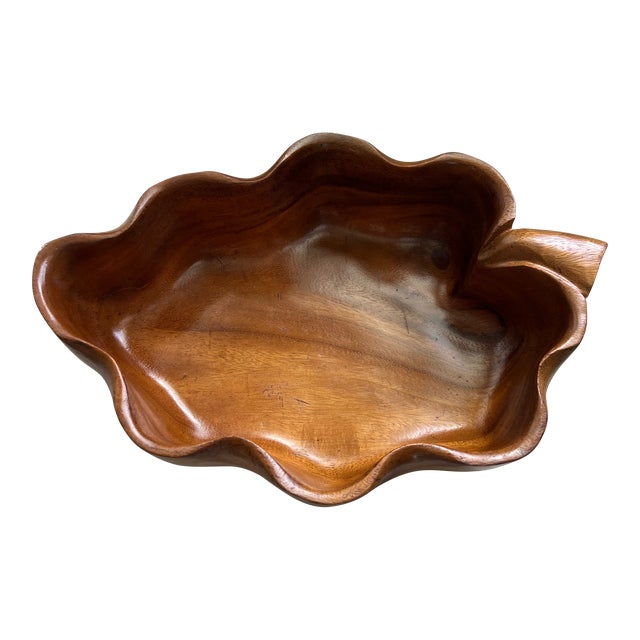 Mid Century Monkey Pod Wood Hawaiian Leaf Shaped Bowl For Sale