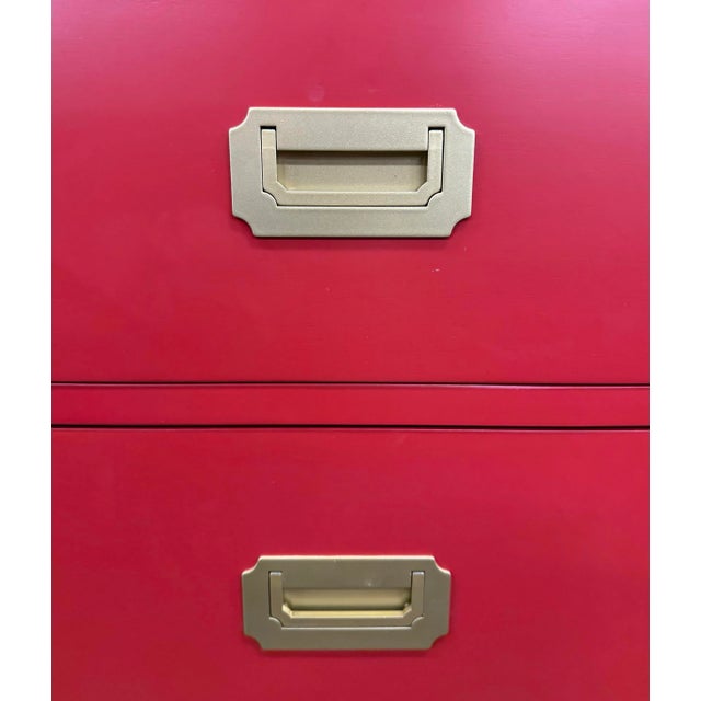 Campaign Pair of Red Campaign Style Chests For Sale - Image 3 of 11