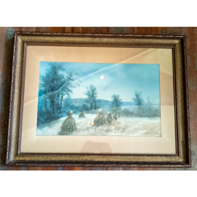 Farmhouse 19th Century American Pastel Moonlit Nocturne Pastural Landscape With Haystacks For Sale - Image 3 of 16