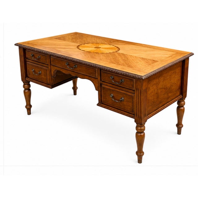Wood Late 20th Century Compass Star Parquetry Oak Executive Desk With Keyboard Drawer & Carved Rope Edge For Sale - Image 7 of 9