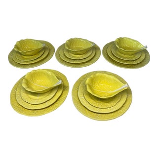 1970s Secla Majolica Pottery “Yellow Cabbage Leaf” - Serving for 5, 20 Pieces For Sale