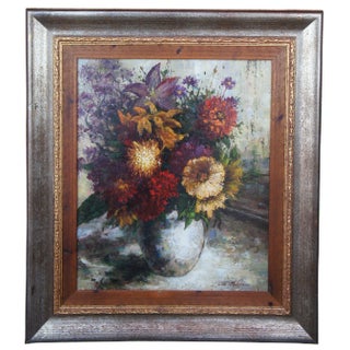 Still Life Floral Oil Painting by Van Matino Flower Bouquet in Vase Framed For Sale