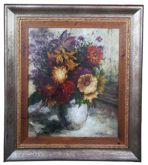 Still Life Floral Oil Painting by Van Matino Flower Bouquet in Vase Framed