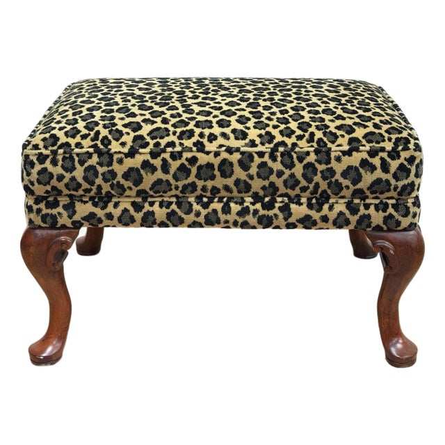 Vintage Curved Wood Leg Upholstered Leopard Print Ottoman For Sale
