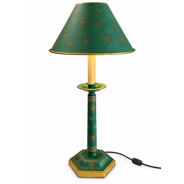 Metal 1970s Green Painted Wood Bee Motif Table Lamp With Gilt Details and Tole Metal Shade For Sale - Image 7 of 7