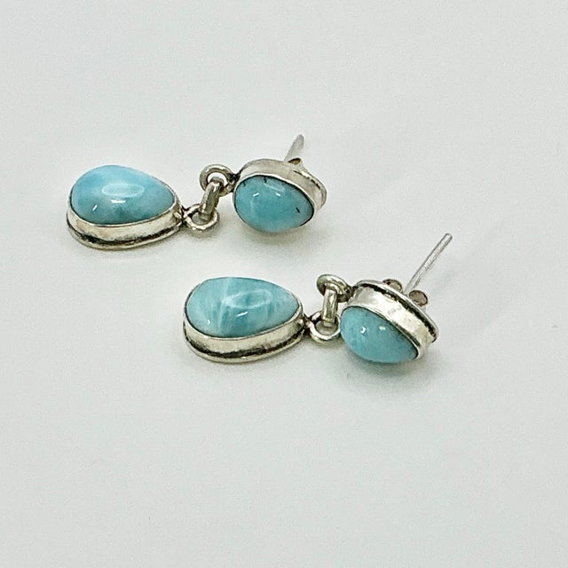 1970s Vintage Southwestern Boho Chic Blue Larimar & Sterling Drop Dangle Earrings - A Pair. For Sale - Image 9 of 11