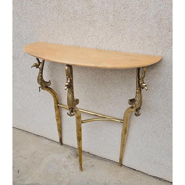 Hollywood Regency Brass Console Table with Semi-Circular Marble Top, 1950s For Sale - Image 6 of 9