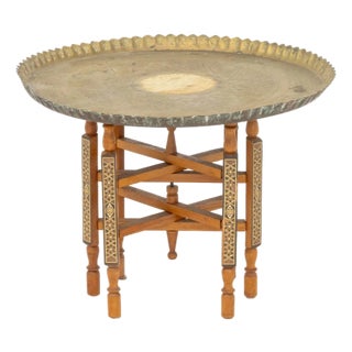 Persian Brass Tray Top Folding Wood Table For Sale