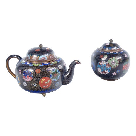 Cloisonné Teapot and Sugar Bowl with Floral Decor, Set of 2 For Sale