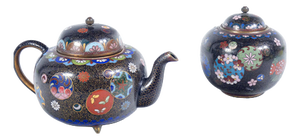 Cloisonné Teapot and Sugar Bowl with Floral Decor, Set of 2