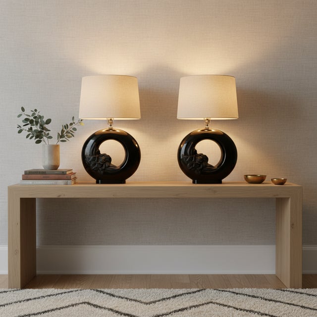 Ceramic Cylindrical Gloss Matte Black Floral Table Lamps - a Pair For Sale - Image 7 of 7