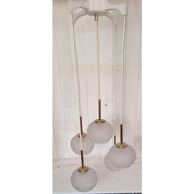 Vintage Five-Light Cascade Lamp with White Plastic Frame and Frosted Glass Shades, 1970s, in Very Good conditions....