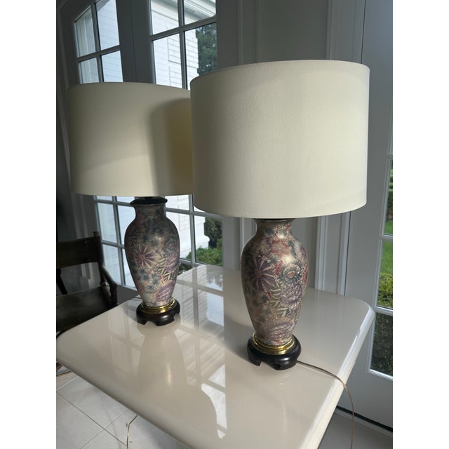Ceramic Vintage Frederick Cooper Chicago Hand-Painted Floral Porcelain Table Lamps – Pair For Sale - Image 7 of 7