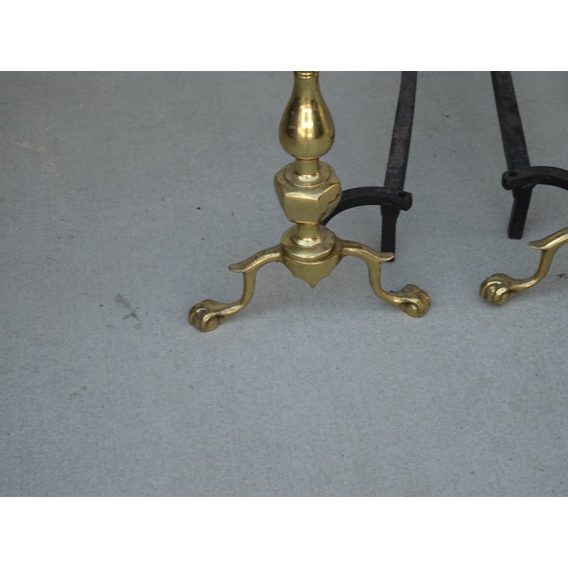 Pair of Vintage American Federal Brass Andirons W Wrought Iron Log Holders For Sale In Los Angeles - Image 6 of 9