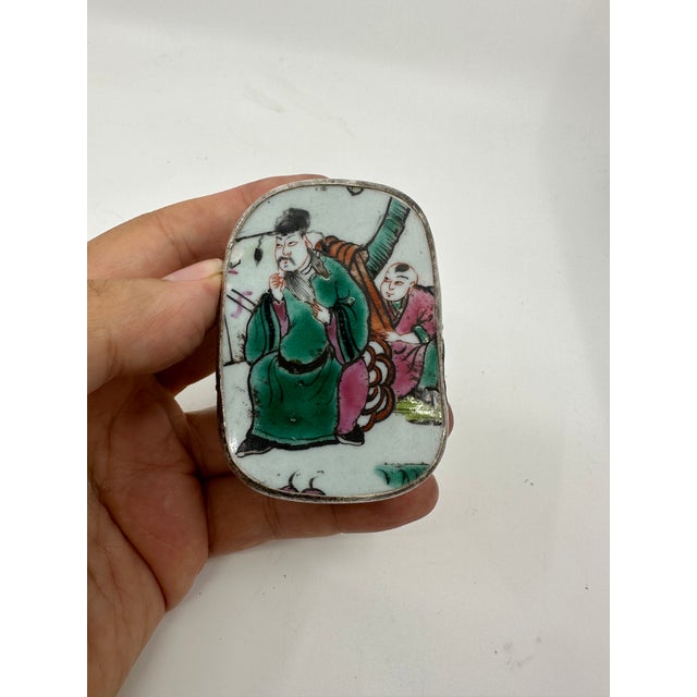 1960s 1960s Vintage Chinese Hand Painted Figure Porcelain Chard Embossed Silver Trinket Box For Sale - Image 5 of 5