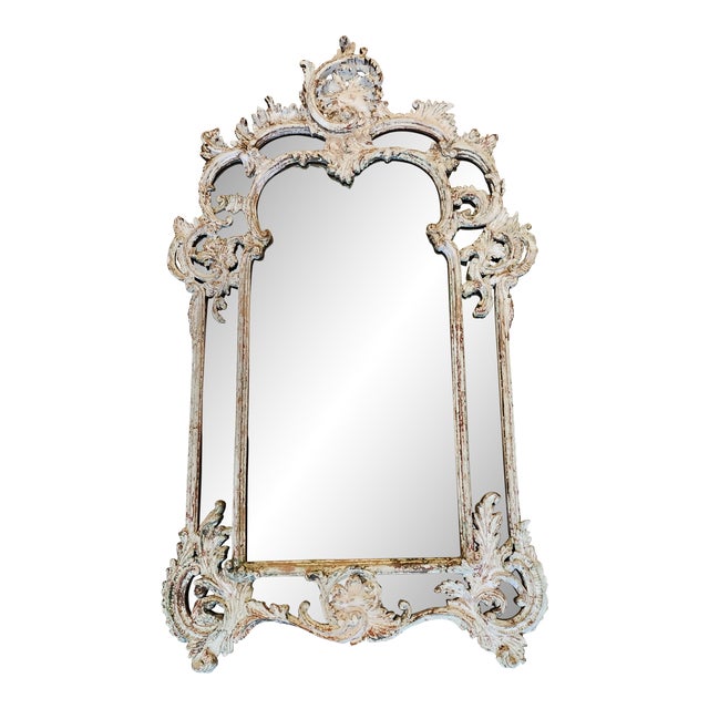 Vintage French Rococo Style Distressed White Wood Mirror | Chairish