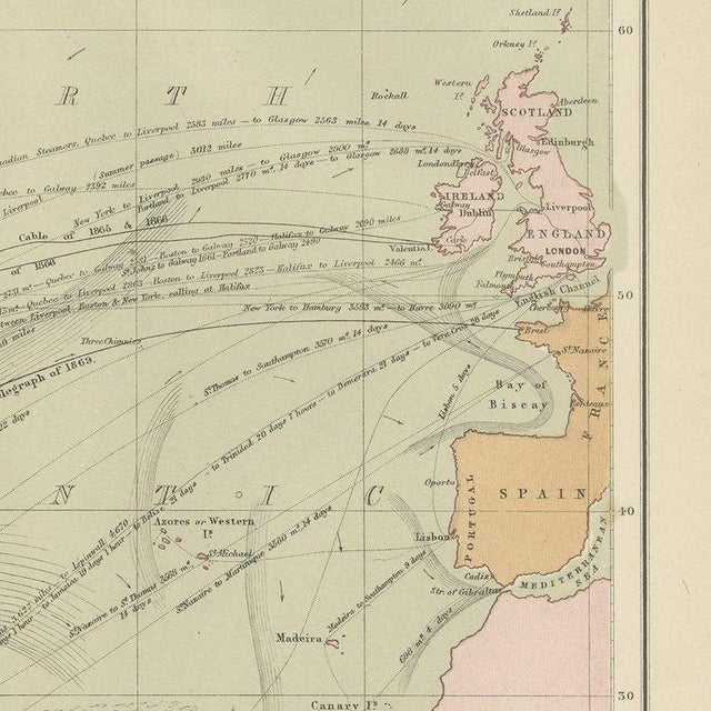 Antique Chart of the Atlantic Ocean, 1870 For Sale - Image 6 of 12