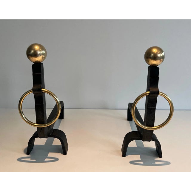 Wrought Iron and Brass Andirons in the Style of Jacques Adnet - a Pair For Sale - Image 12 of 12