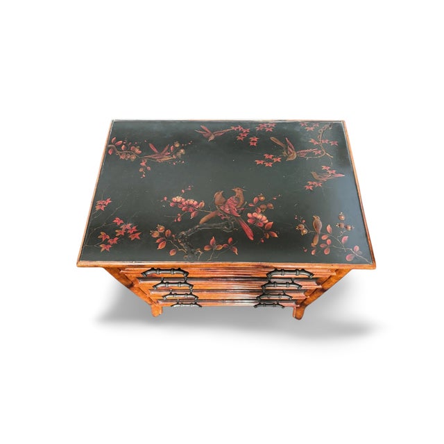 Chinoiserie 1990s Theodore Alexander Chinoiserie Lacquer Chest Bird Motif W/ Bamboo Hardware 4 Drawer For Sale - Image 3 of 14